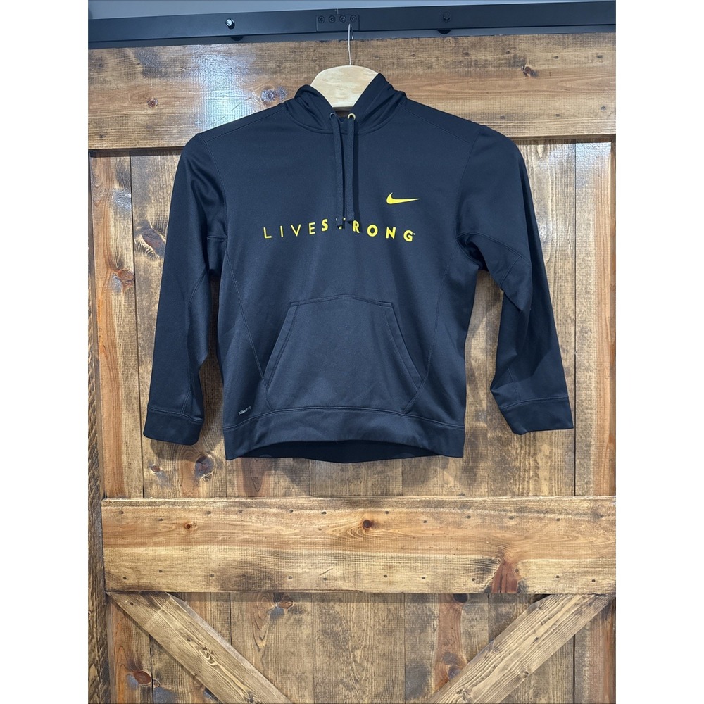 VTG Nike Size Medium Therma Fit Livestrong Lance Armstrong Black Hoodie Big Logo